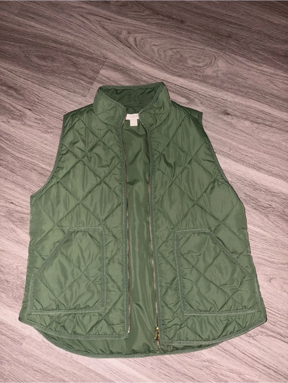 J.Crew Quilted Puffer Vest in olive green, size Large.
